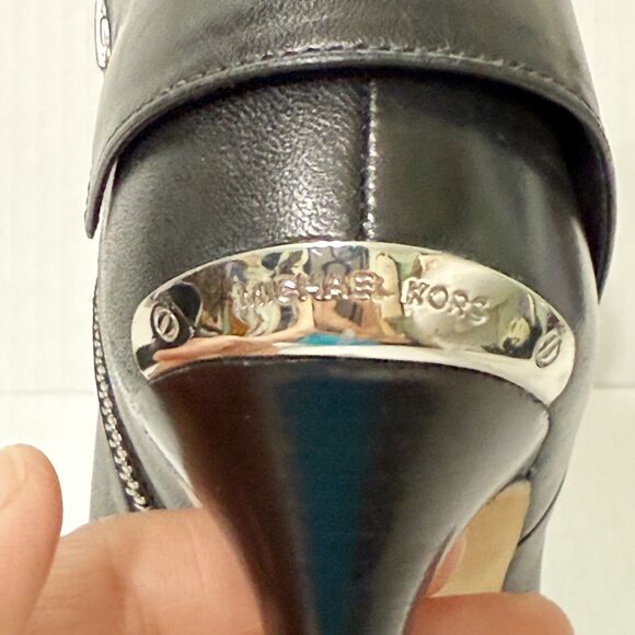 Michael Kors Black Leather Foldover Kendra Open Peep Toe Stiletto Booties 7M - Picture 9 of 12